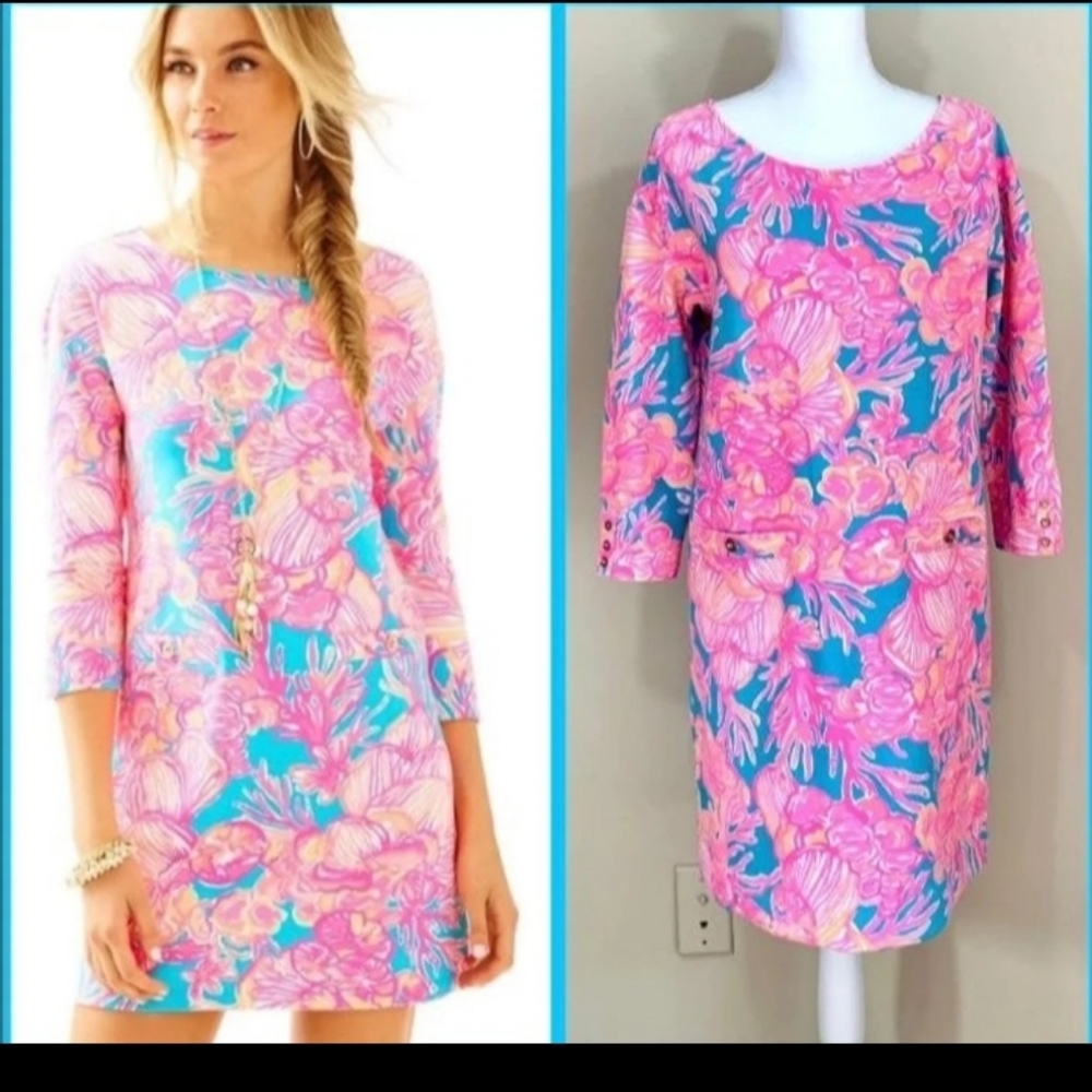 Lilly Pulitzer Lena Boat neck, 3/4 sleeves with gold buttons dress size M